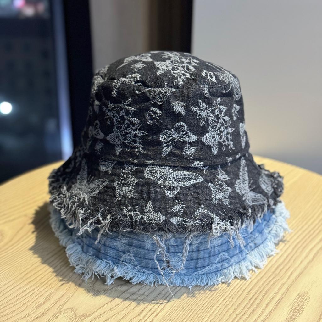 Japanese-style women's fashion woven bow denim bucket hat, washed, sun-blocking, sun-protective, suitable for travel and street fashion, with frayed