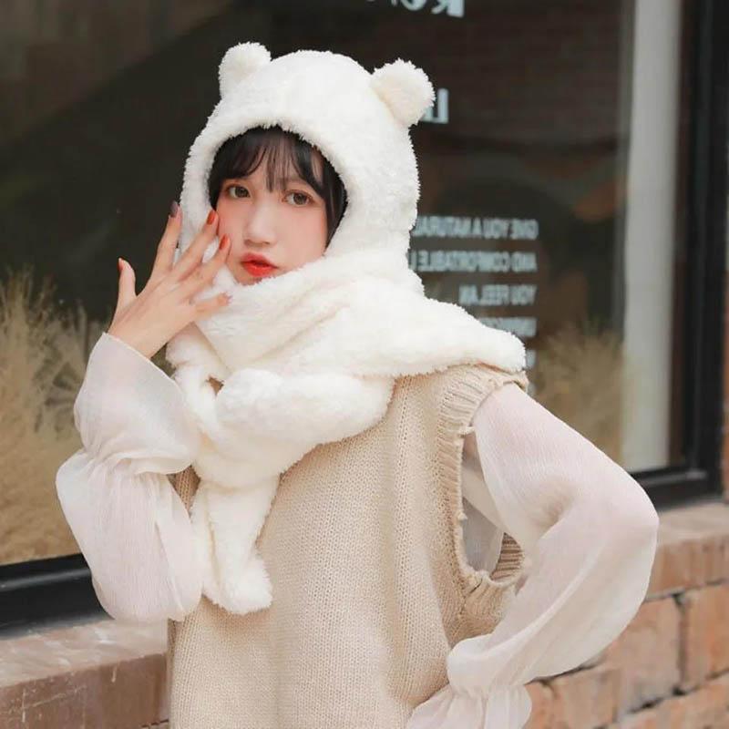 Шапка с медведем, корейская осенне-зимняя женская шапка, уличный велосипедный шарф с капюшоном, перчатки, один шарф, чтобы согреться