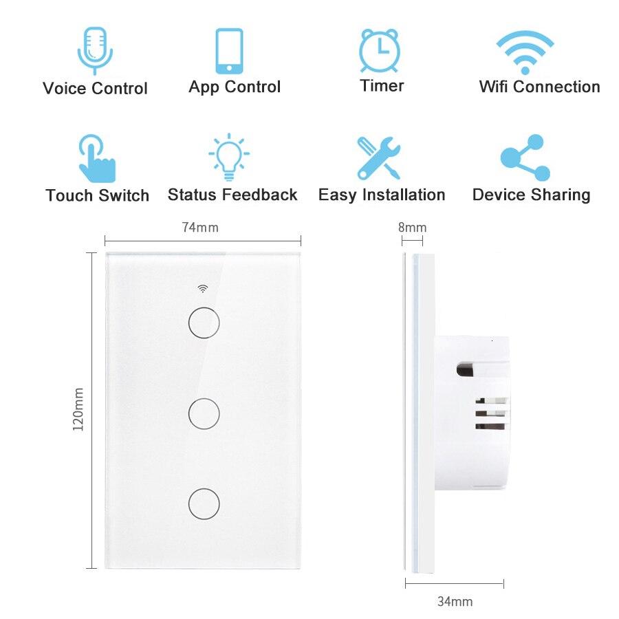 Tuya WiFi Smart Light Switch 1/2/3 Gang Сенсорный выключатель без нейтральной линии Управление по стандарту США с помощью приложения Работает с Alexa Google Home