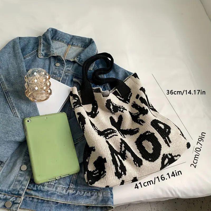 Сумка через плечо с буквенным принтом, большая вместительная сумка контрастного цвета из хлопчатобумажной ткани, летняя модная вязаная сумка ручной работы