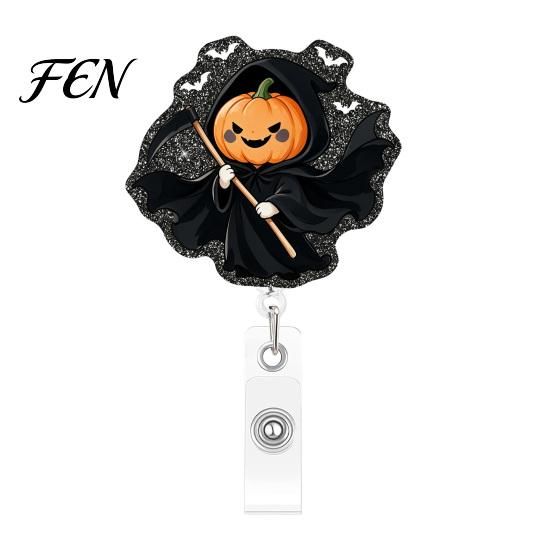 Office ID Card Holder Halloween Retractable Badge Reel, Cute Pumpkin And Grim Reaper Design, Acrylic Work Smooth Pull Cord Clip for Nurse Doctor
