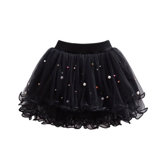 Детская юбка с эластичной талией и средней посадкой, однотонная юбка-пачка с бисером, милый стиль, многослойная сетчатая юбка-фонарик из пряжи