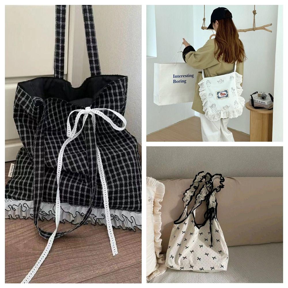 Large Capacity Ruffle Lace Canvas Bag Polka Dot Plaid Shoulder Bag Bow Shoulder Bag  Shopping