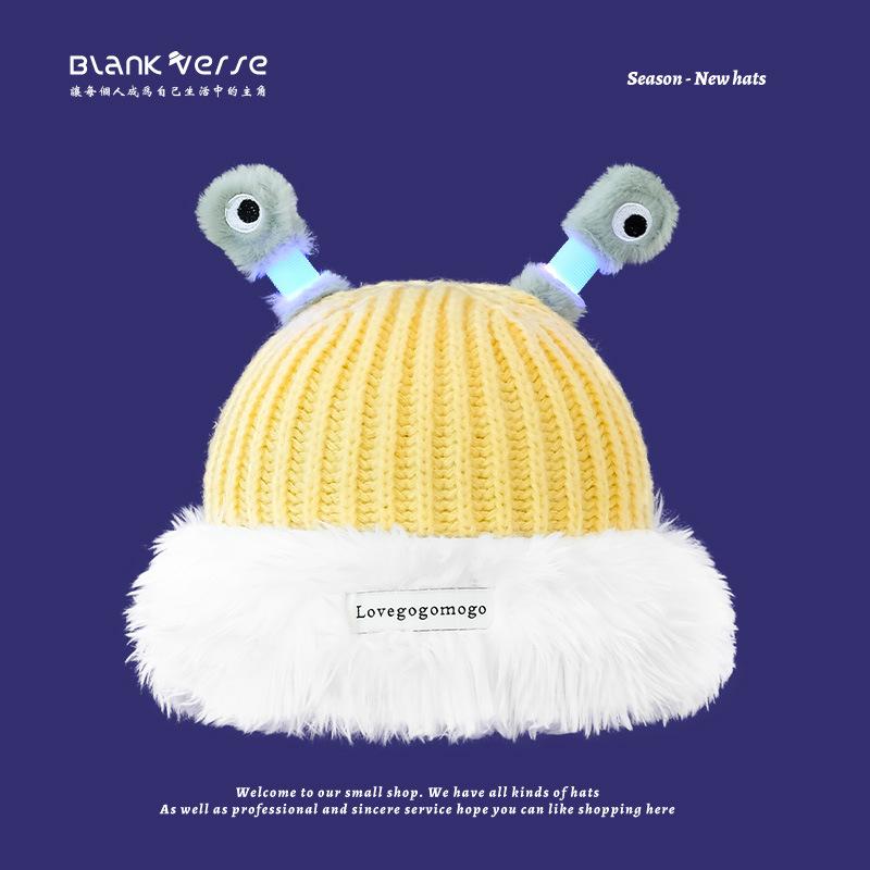 Шапка, женская модная осенне-зимняя забавная светящаяся шапка из шерсти с изображением маленького монстра, теплая вязаная шапка с большим репейником