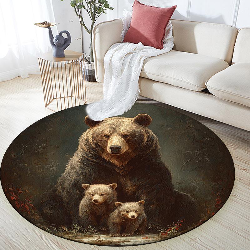 Brown Bear Round Area Rug,Carpet Rug for Living Room Bedroom Sofa Playroom Decor,Non-slip Floor Mat