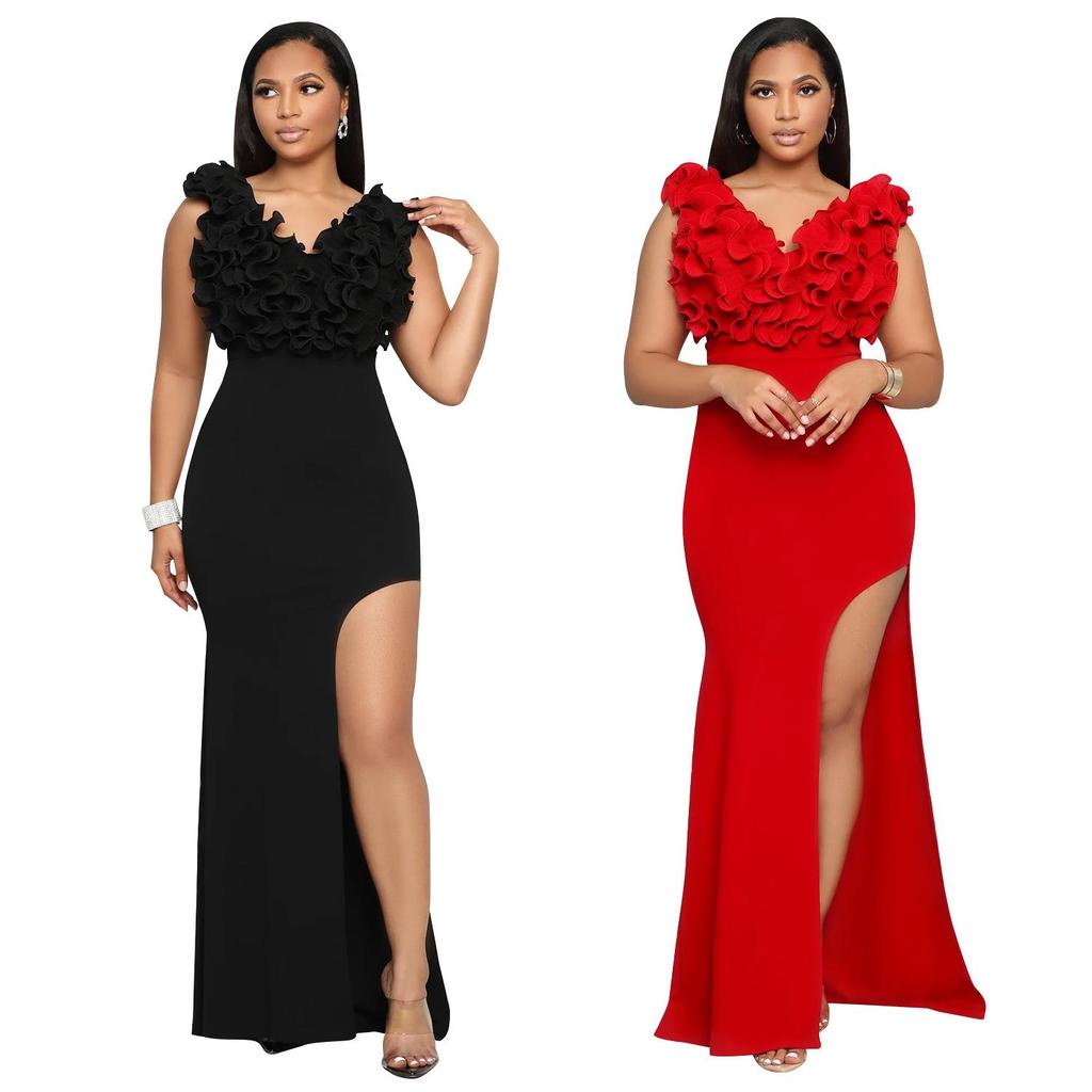 V-neck Sleeveless Long Split Dress - European & American Fashion Women's Clothing (C7013)