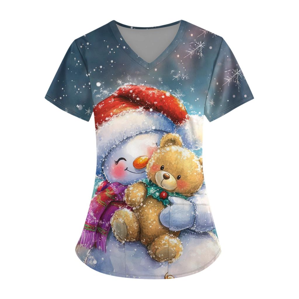 Плюс размерСкраб с принтом Рабочая форма Топы для женщин Крест V-образным вырезом Хэллоуин Принт с короткими рукавами Забавные футболки Спецодежда Футболка с карманами