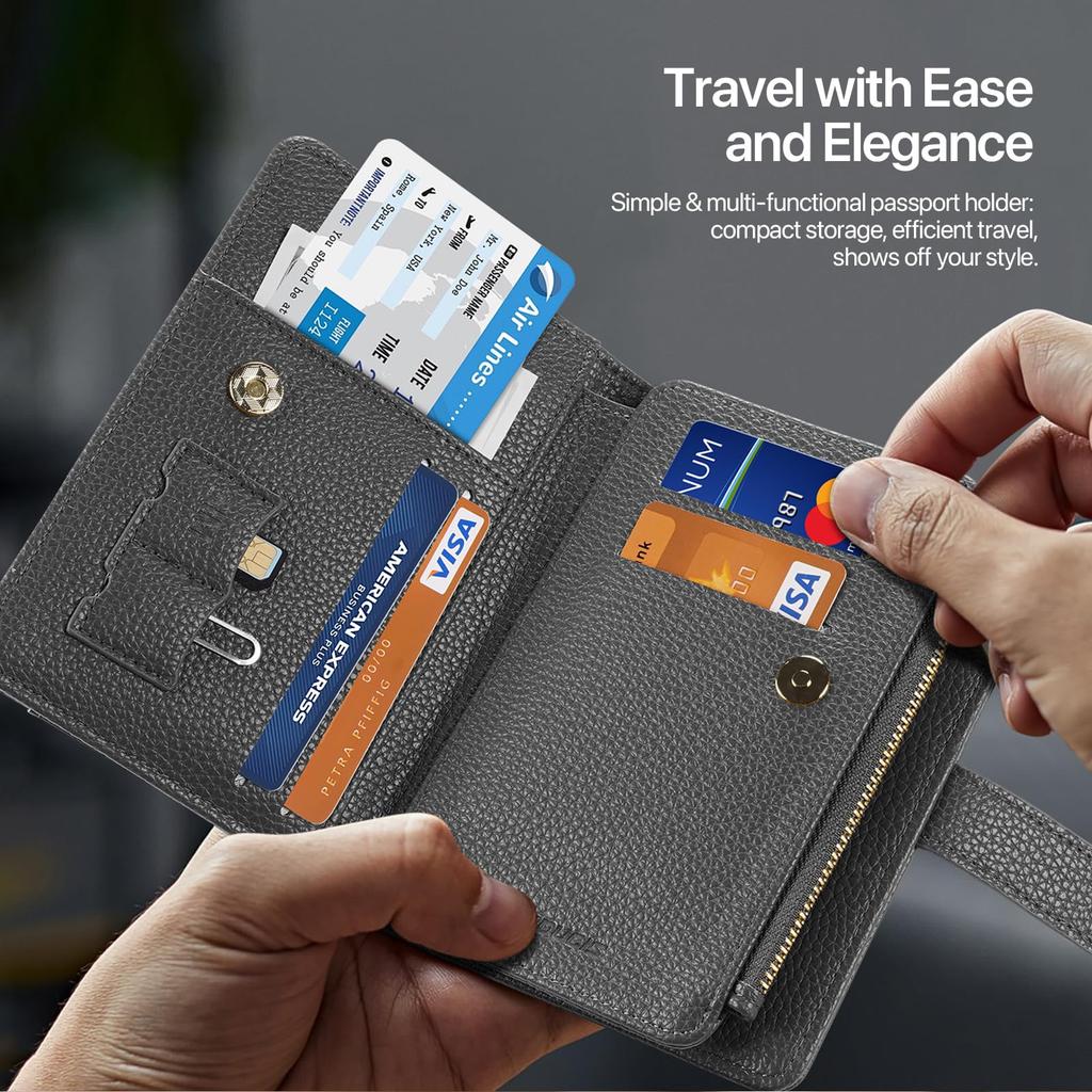 OWLGuardian Паспортный кошелек Большой складной Тонкий с RFID и AirTag Отделение для паспорта На молнии для монет и Съемный регулируемый ремешок на шею Идеально для международных деловых поездок