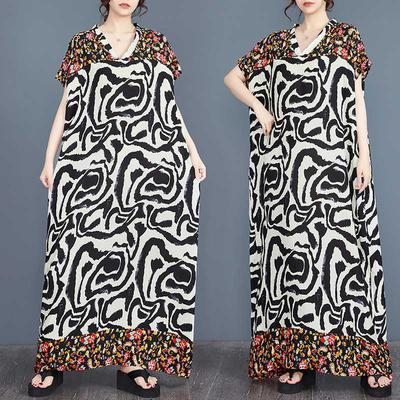 Летнее Новое Свободное Хлопково-Шелковое Платье-Халат с Принтом в Богемном Стиле с V-образным Вырезом Женщина