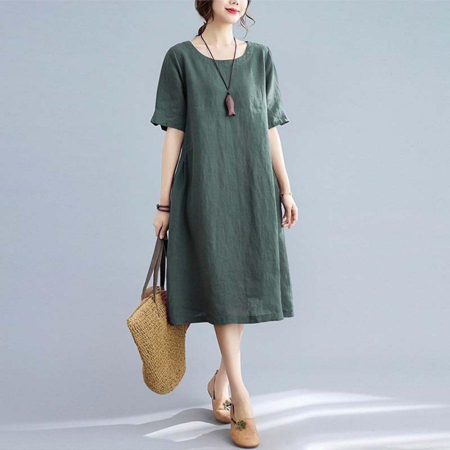 Хлопок лен однотонные винтажные платья лето осень одежда женщины повседневное платье средней длины