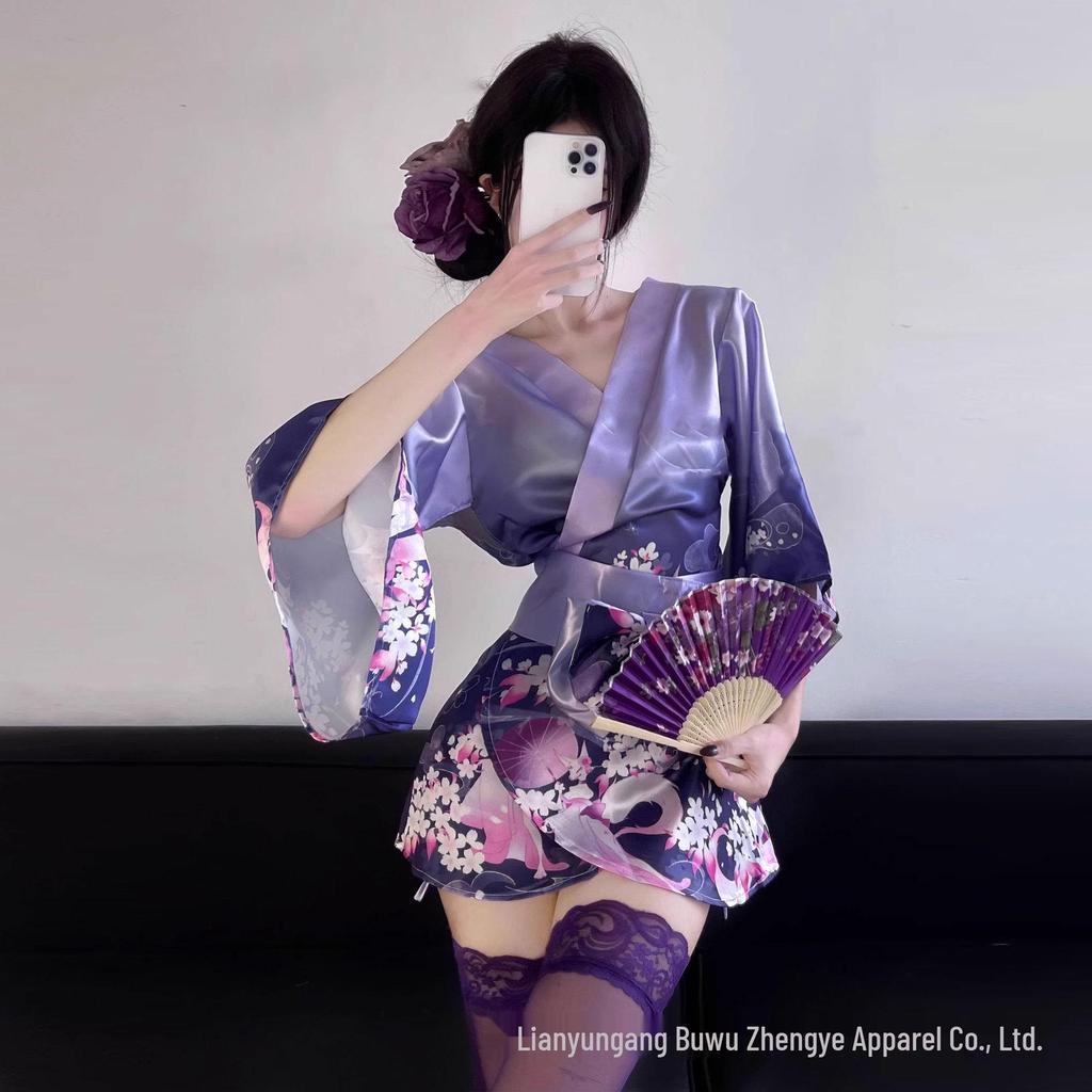 Sexy Deep V Open-Front Japanese Kimono Pajama Set for Women