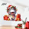 Hippo Wall Decals for Christmas Cartoon Decal, Cute Sticker with Colorful Lights & Holiday Glass Stickers Decor Xmas Balls, Waterproof Mural