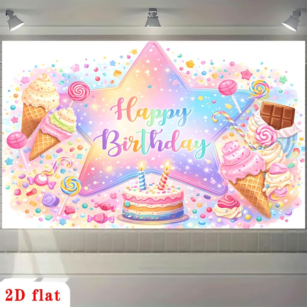 Pastel Rainbow Star Birthday Cake Ice Cream Lollipops Candy Confetti Polyester Backdrop, for Party Decor Home, Club, Garden, Farm, Room, No