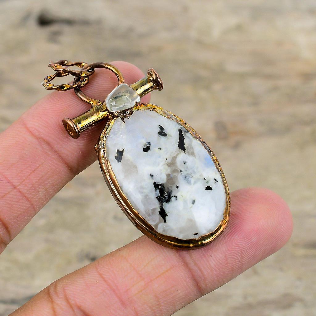 Кулон Rainbow Moonstone, гальванопластическая медная подвеска, изящная подвеска из драгоценного камня, гальванопластическая бижутерия, подарок на годовщину, подвеска ручной работы в стиле бохо