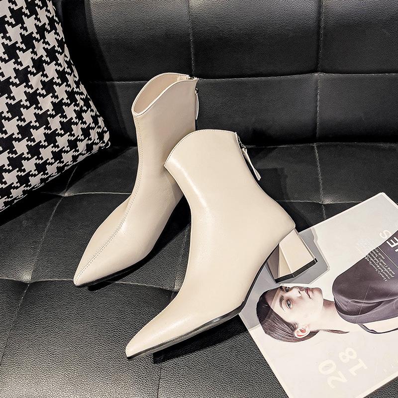 Тонкие сапоги на высоком каблуке 2024 года, новые осенне-зимние белые одинарные сапоги на толстом каблуке с застежкой-молнией сзади, средние остроносые французские короткие сапоги