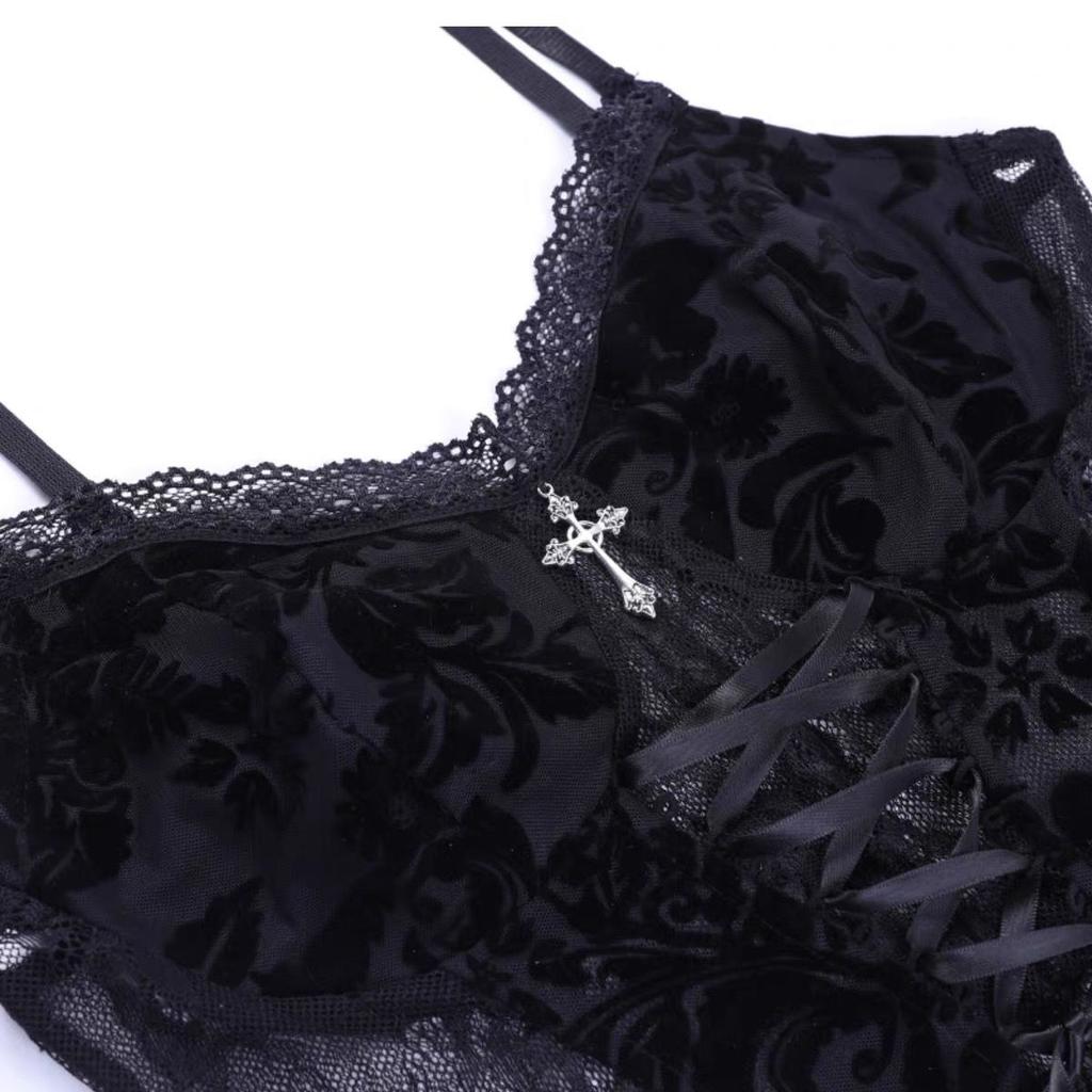 Бархатный кружевной бандажный топ женский готический Harajuku Street сетчатый принт слинг черный жилет для клубной вечеринки лето