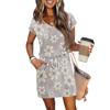 Women's Summer V-Neck Casual Short Sleeve Drawstring With Pocket Vintage Floral Dresses