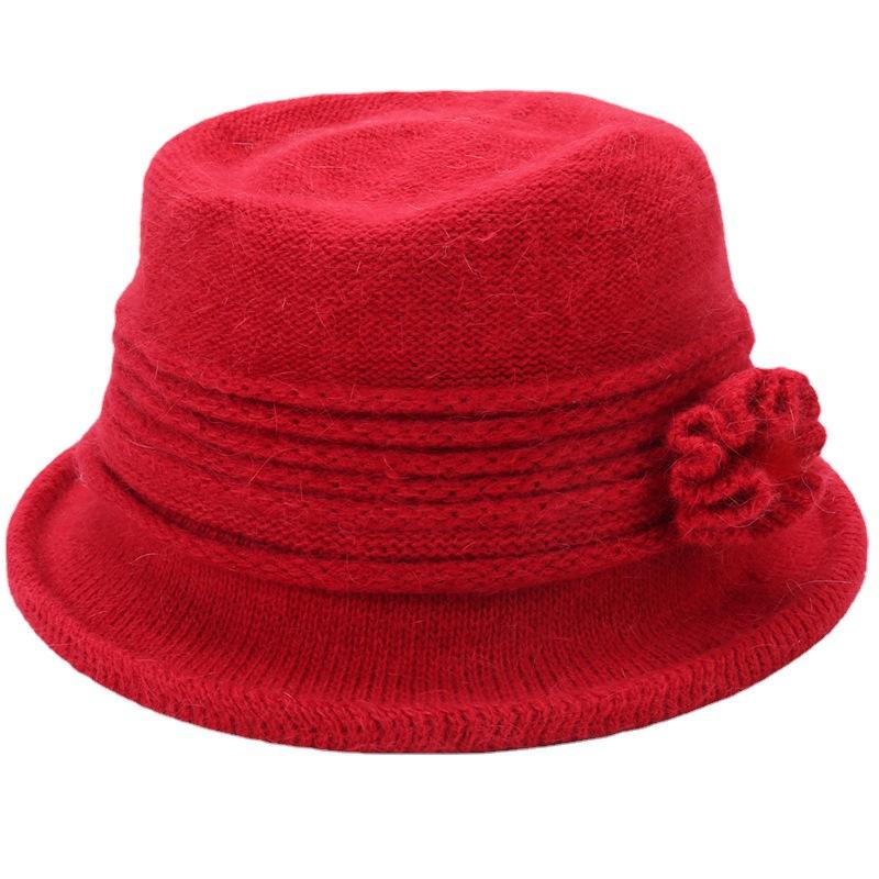 Women's Knitted Women's Rabbit Proof Wool Pot Hat Autumn Winter Thickened Warm Keeping Mother's Hat Flower