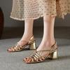 Summer Women Sandals Concise Square Toe Chunky Heel Shoes High Heel Genuine Leather Shoes Golden Weave for
