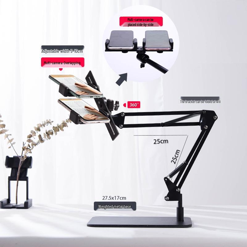 Cantilever Multi-Camera Floor Stand with Long Arm for Top-Down Shots & Multi-Platform Phone Holder in Mirror Live Streaming & Photography