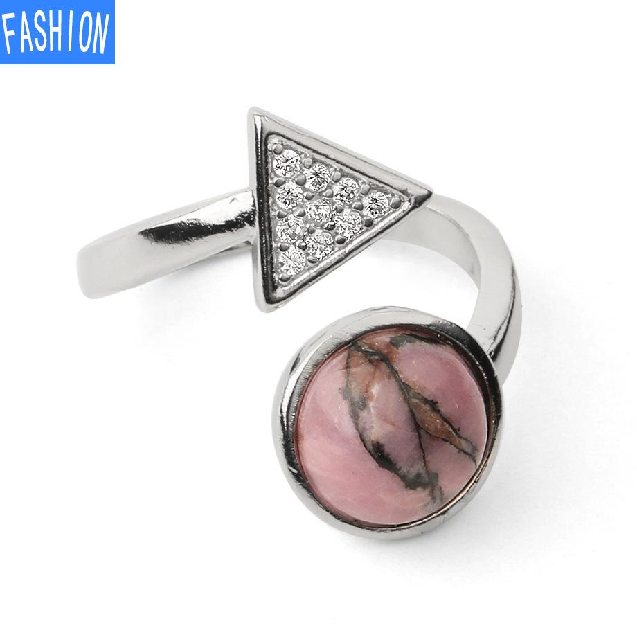 Natural Stone Round Crystal Triangle Adjustable Ring Gift for Women