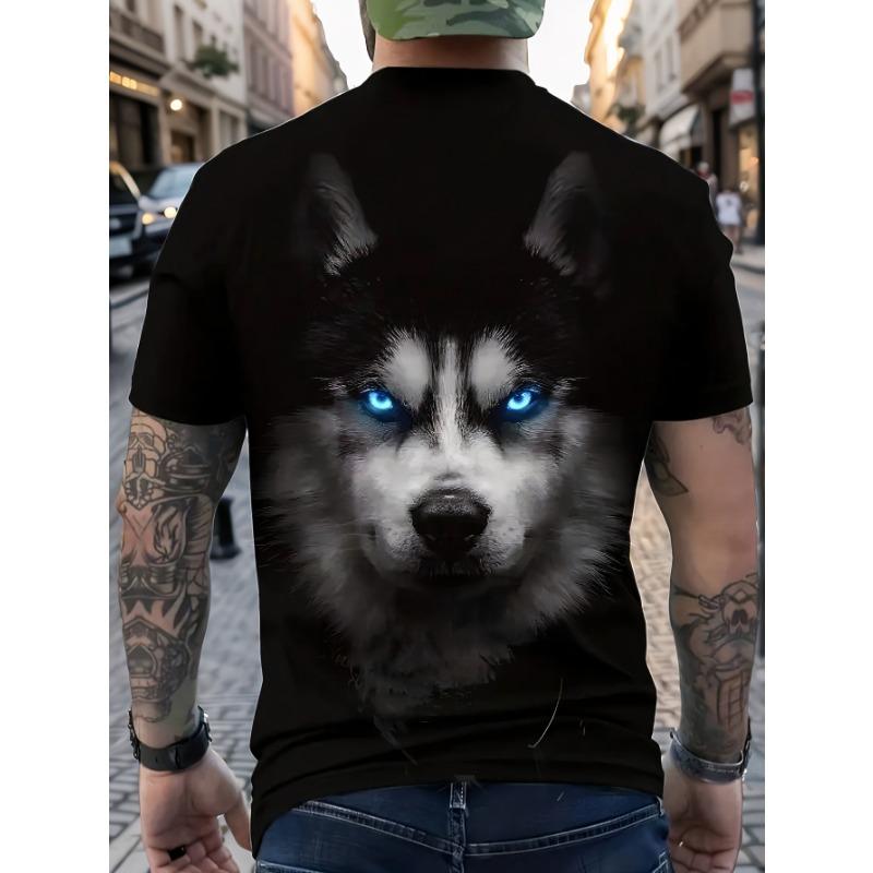 Men's Husky Wolf 3D Printed T-Shirt Casual Short Sleeve Crewneck Top Cool Glowing Blue Eyes Animal Head Graphic Tee Trendy Summer Streetwear Clothes