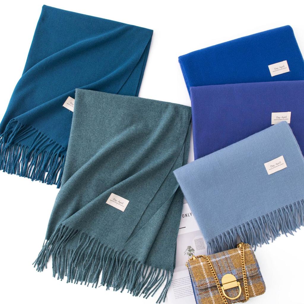 Blue Green Scarf for Girls with A Sense of Atmosphere In Winter Versatile Solid Color Long Scarf Imitation Cashmere Tassel Shawl Scarf Cold Color