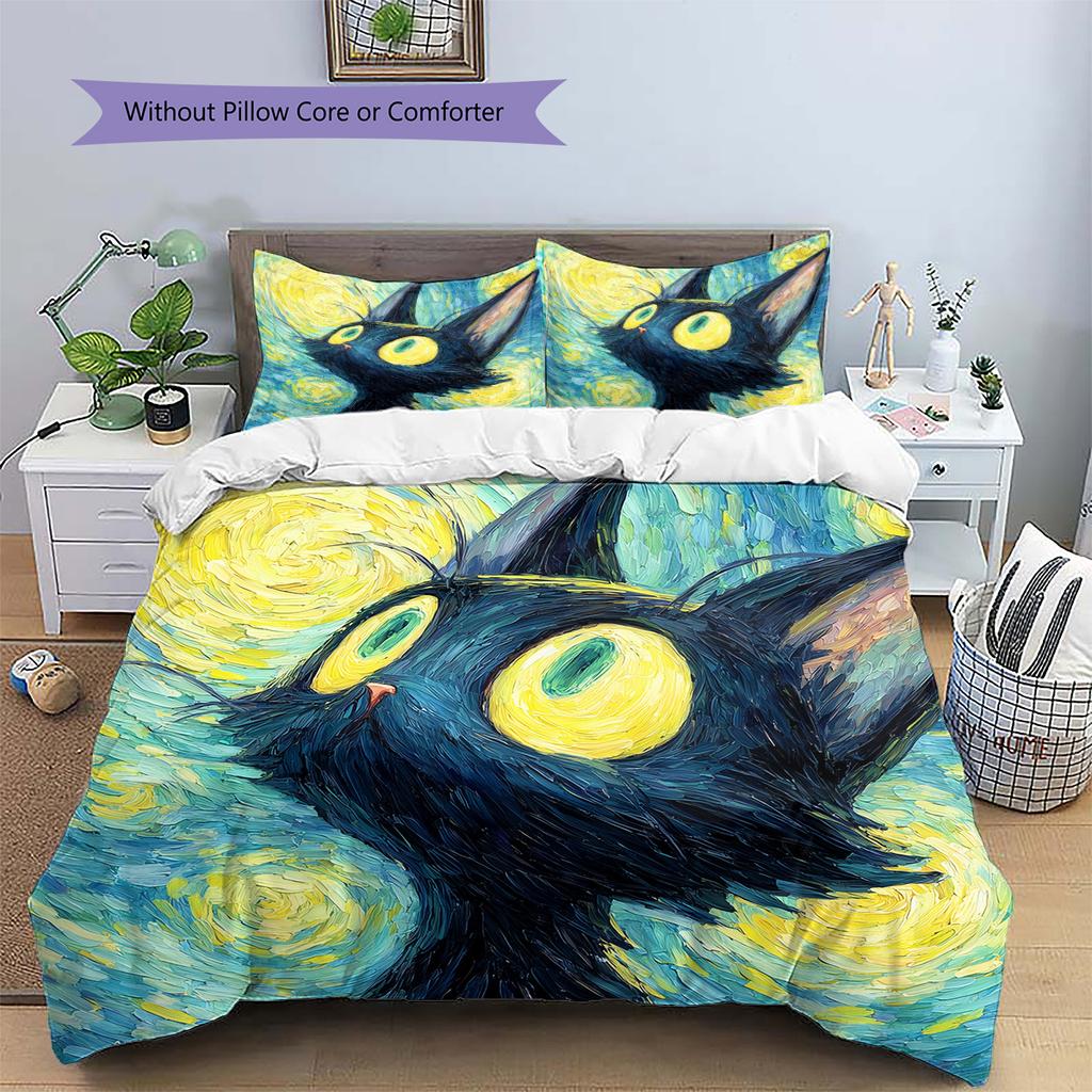 Starry sky black cat Pattern Bedding Quilt Set Quilt Cover Pillowcase Home Decoration Gift (1 * duvet cover + 2 * pillowcase, without core)
