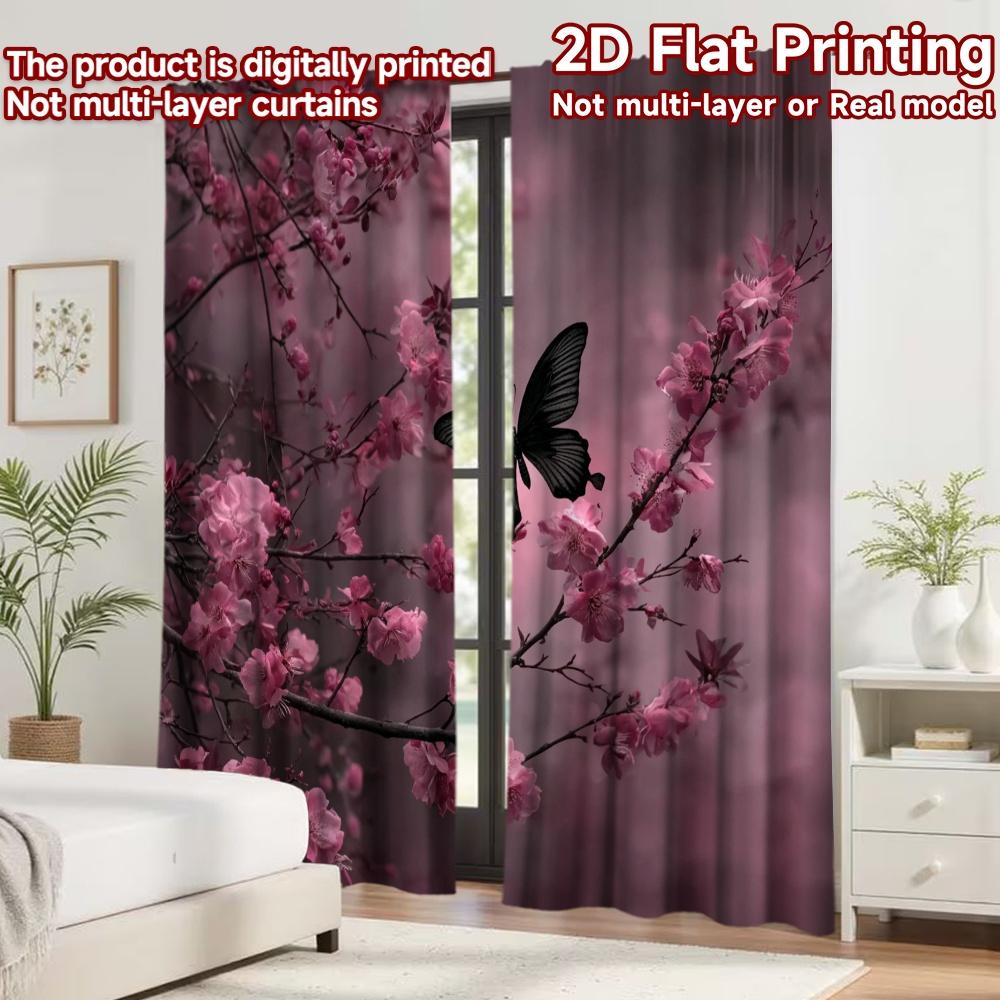 2D flat printing 2pcs Curtain Curtains Spring Cherry Blossoms(1) Digital Printed Polyester Drapes Holiday Decorations for