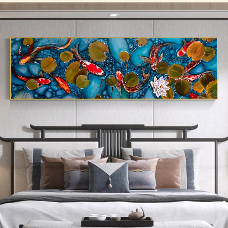 Новая картина маслом «Золотая рыбка в озере» в китайском стиле, напечатанная на холсте, фэн-шуй, постеры с изображением лотоса кои для украшения гостиной