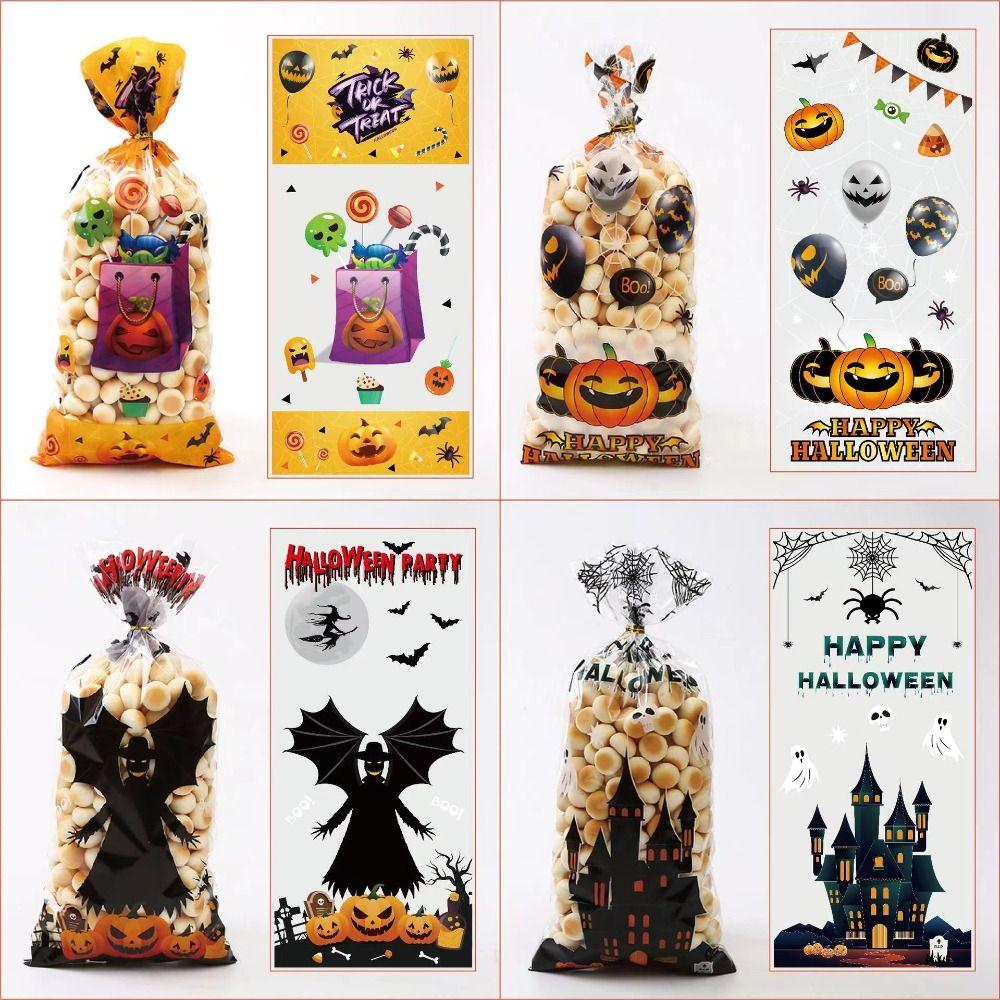 50pcs Trick or Treat Halloween Candy Bags Transparent Cellophane Pack Gift Bags  Kids Party Favors