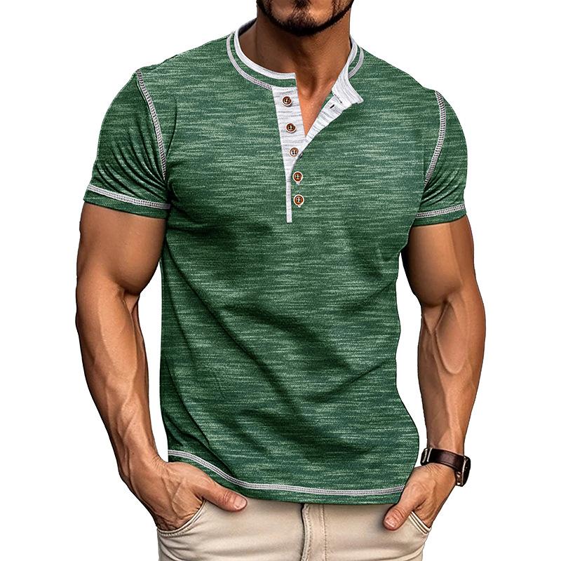 Men's Summer Round Neck Color Blocked Short Sleeved T-shirt Plus Size Men's Button Up Henley Shirt