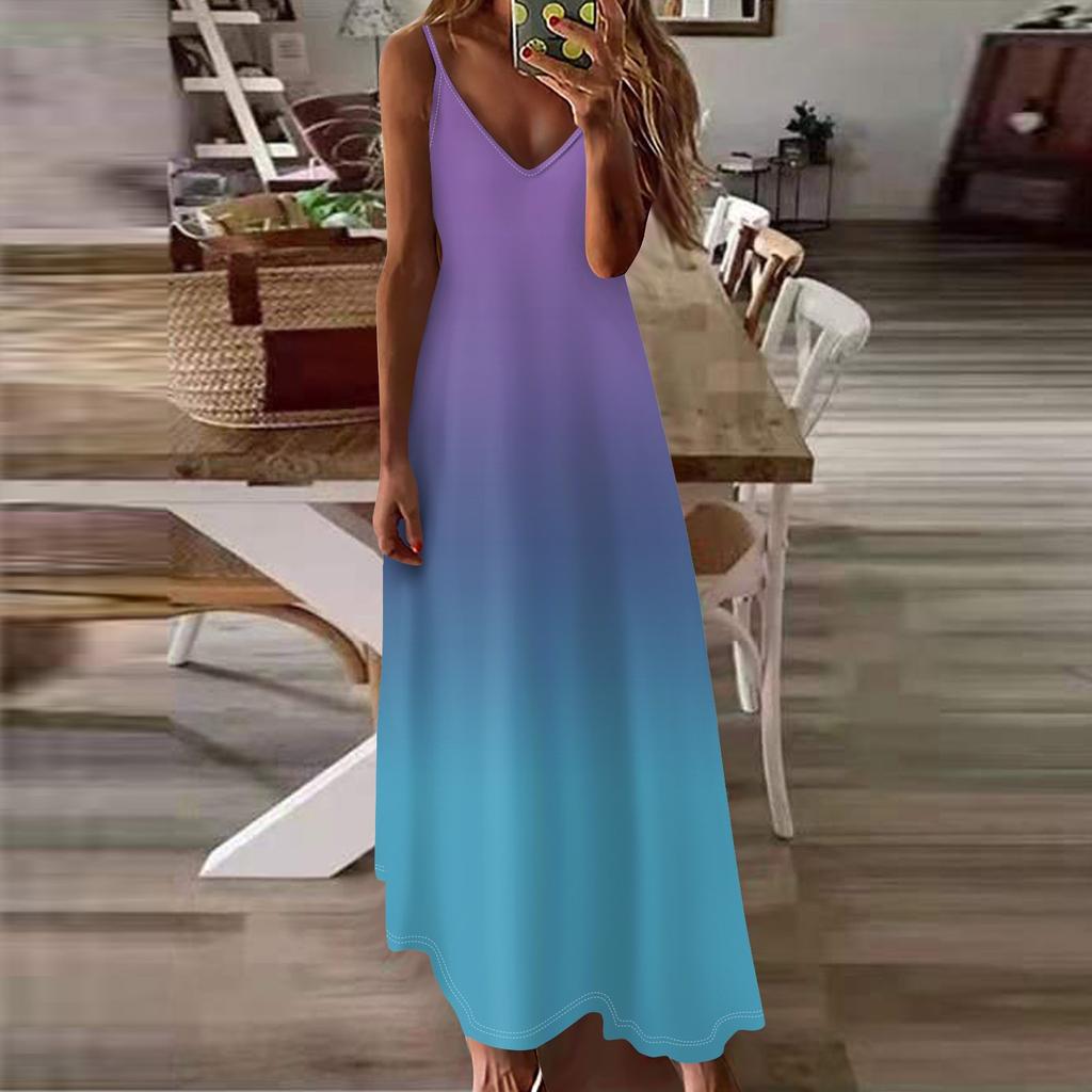 Женское летнее повседневное модное длинное платье без рукавов с v-образным вырезом и градиентным принтом, повседневные платья