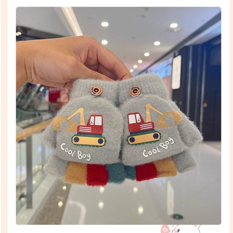 Мультяшные зимние перчатки для мальчика, милые экскаваторные толстые теплые детские варежки с полупальцами, ветрозащитные детские перчатки для отдыха на природе