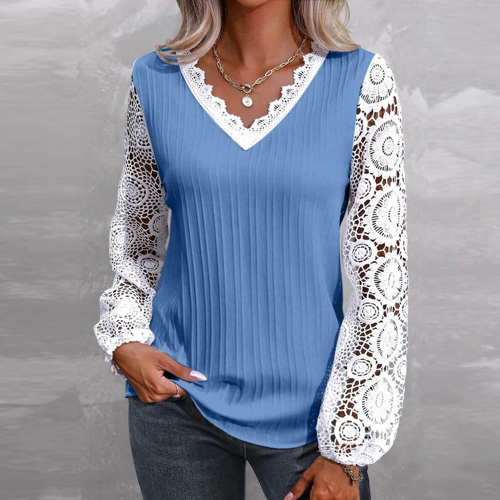 Women's Loose V-neck Lace Patchwork Long Sleeved Casual T-shirt Top