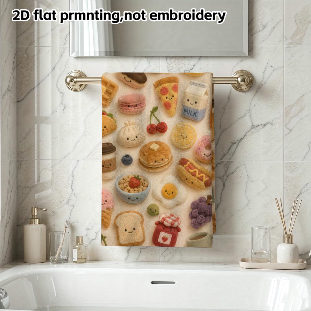 Cute Felt Food Characters Print Bath Towel, Soft Absorbent Daily Use Towel