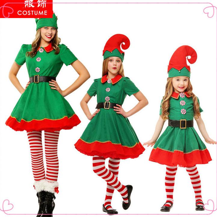 Kids Christmas Elf Costume, Adult Green Xmas Cosplay Suit for Family Matching Party Dress