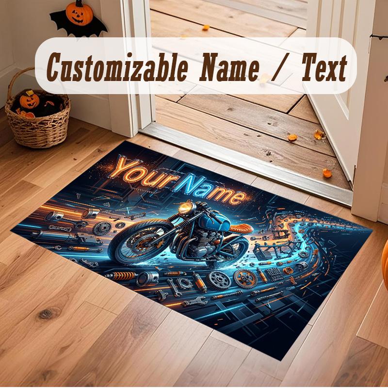 Motorcycle Biker Theme Soft Crystal Velvet Rug Custom Name & Text Print Non Slip Floor Rug for Bedroom Living Room