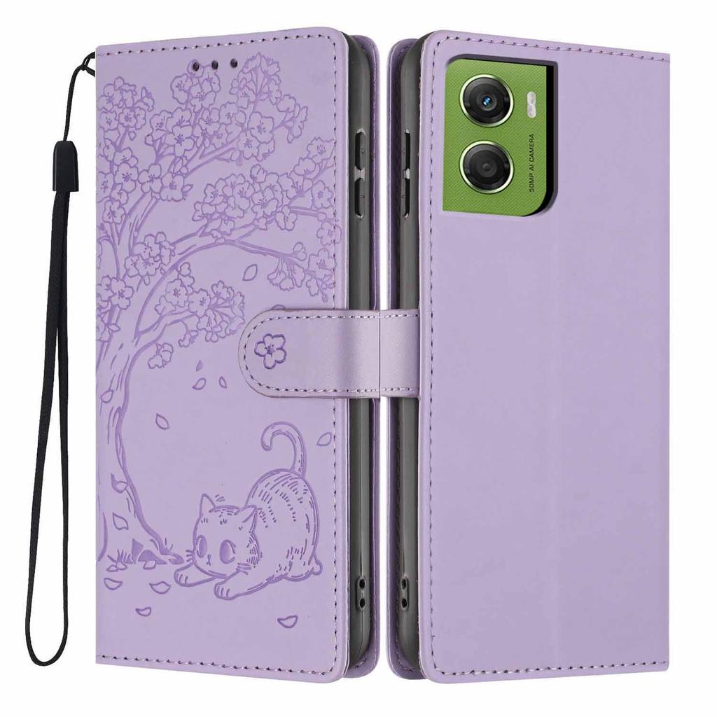 For Motorola Moto G06 4G/G06 Power 4G Stand Case Tree-and-Cat Pattern PU Leather Wallet Protective Phone Cover with Wrist Strap