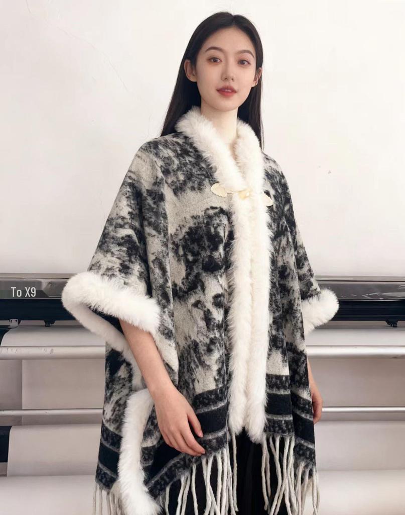 Элегантный женский шаль-накидка с цветочным узором в стиле акварели - Мягкая на ощупь, как кашемир, с бахромой