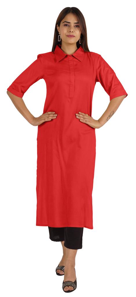 Moomaya Womens Solid Collar Kurti Rayon Elbow Sleeve Ethnic Kurta Indian