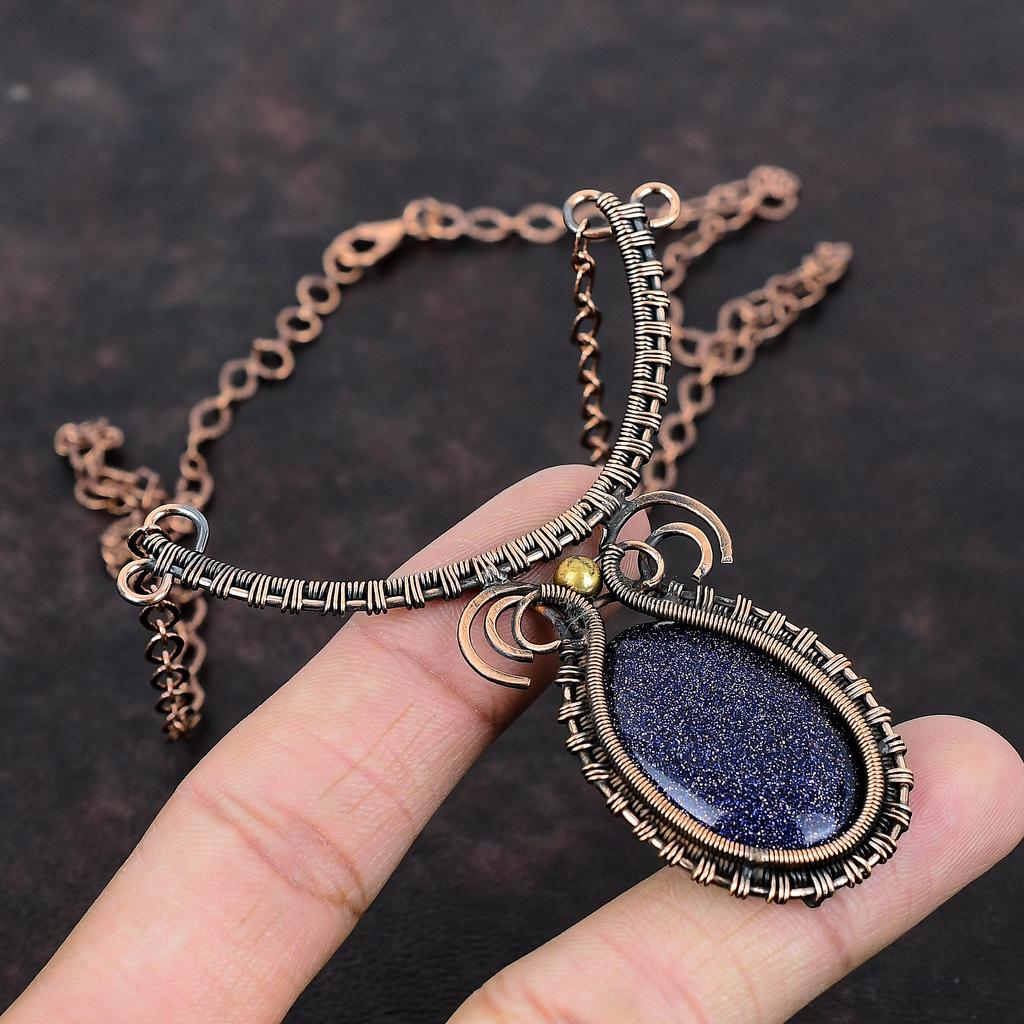 Ожерелье из синего солнечного камня, ожерелье из медной проволоки с драгоценными камнями, ювелирные изделия ручной работы из меди, регулируемое ожерелье, ювелирные изделия с проволочной обмоткой, подарки на годовщину