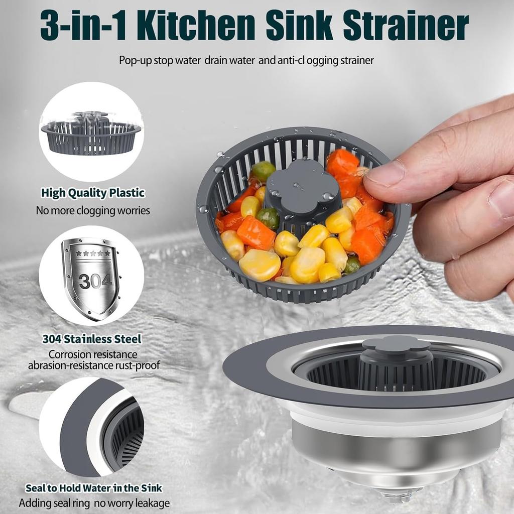 Kitchen Sink Strainer For 3-1/2-inch Drainage Pipes, 304 Stainless Steel Pop Up Sink Stopper, 3 Layers Rubber Rings Anti-Clogging Basket Straine