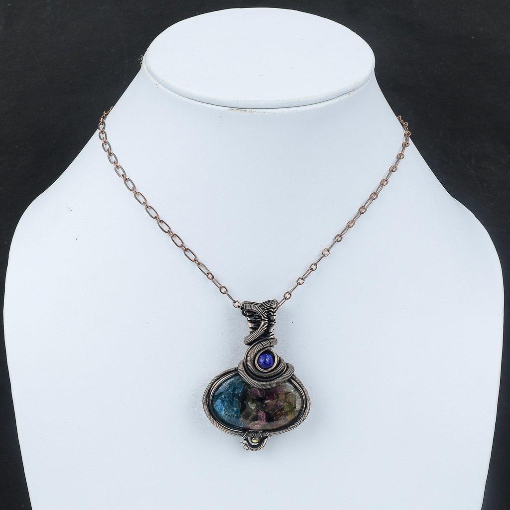 Медный кулон с арбузным турмалином, медная проволочная подвеска, лазуритовая подвеска, драгоценный камень, медные украшения, подарок для мамы, подвеска ручной работы