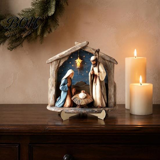 Christmas Religious Theme Decor Nativity Scene Wooden Tabletop Sign, Manger Holy Family Figurine Decor, Classic Gift Xmas Desktop Ornament,