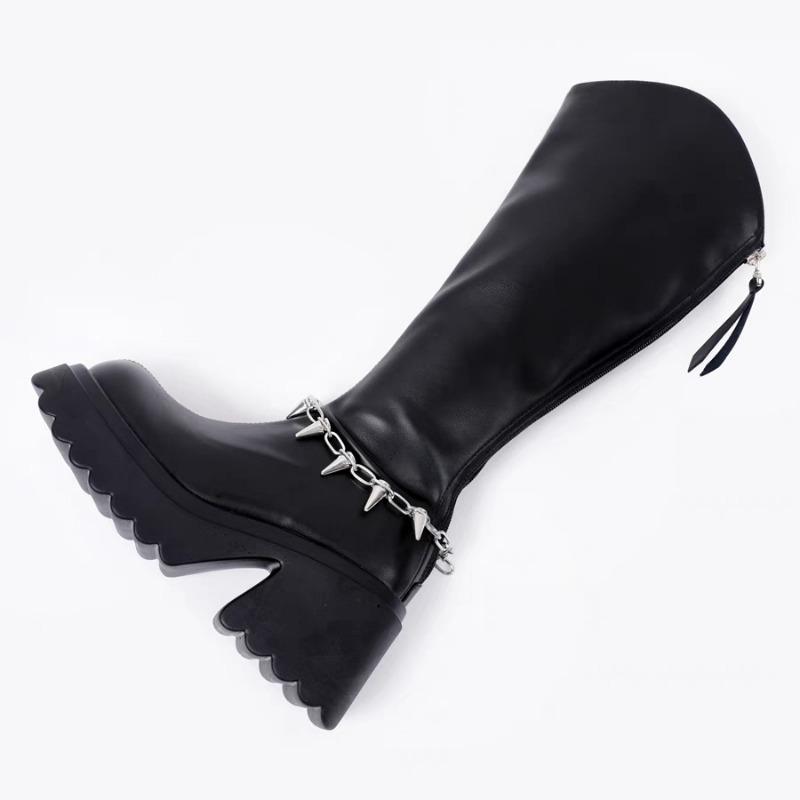 Chain High Heels Women Knee High Boots Fad Platform Leather Shoes Brand Designer Chunky Shoes Winter 2025 Trend Goth Botas Mujer