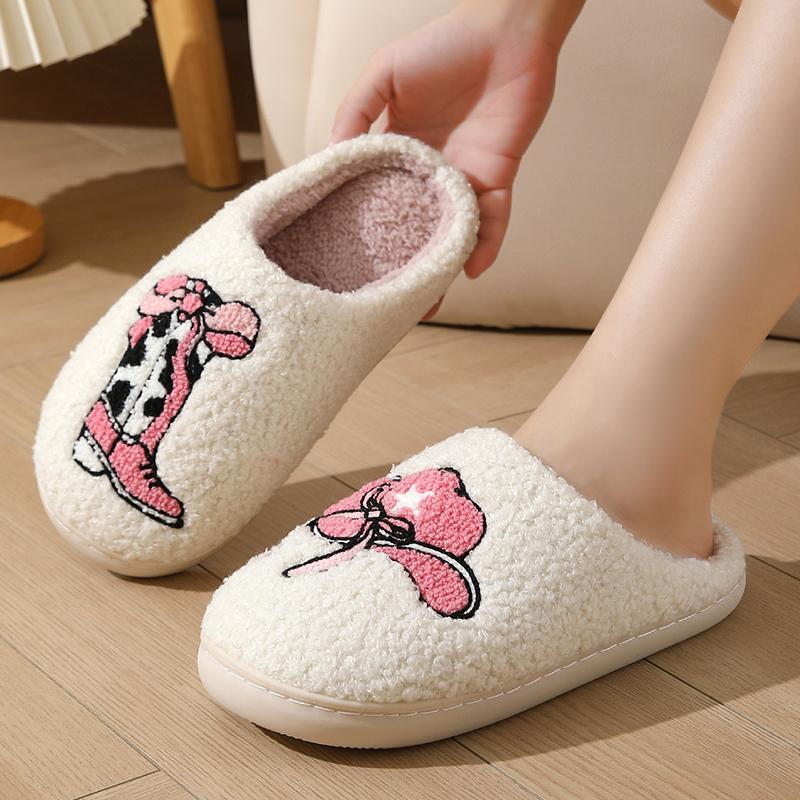 Fashion Cute Pink Floral Printed Plush Slippers for Women Soft Warm Non Slip Indoor Home Shoes Woman Comfortable Fluffy Winter Slippers