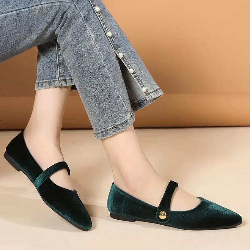 Fashion Spring Mary Jane Ballet Flats Shoes Woman Velvet Slip-on Women's Shoes Comfortable Soft Pointed Toe Flat Shoes for Women Zapatos