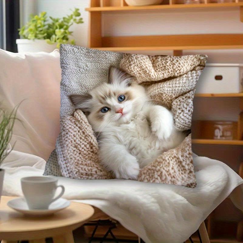 Cute Fluffy Ragdoll Kitten Pillow Cover Realistic Cat Print Cozy Pet Cushion Case For Sofa Bed Couch Cat Lover Home Decor Gifts