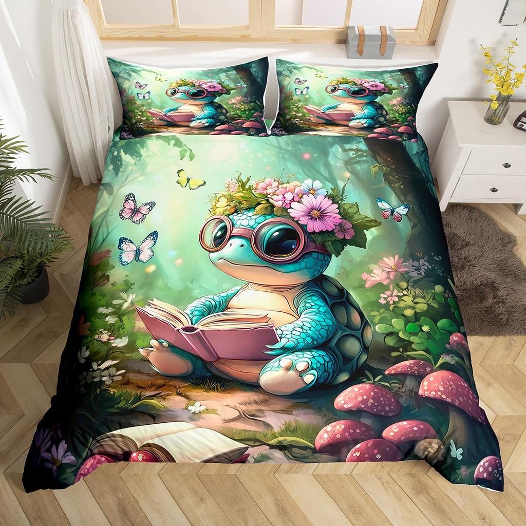 Turtle Butterfly And Flower Duvet Cover For Kids Boys Girls Lightweight Quilt Cover With 2 Pillowcase Cartoon Turtle Bedding Set